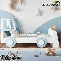 Bellemave® Twin Size Kids Car Bed with Storage Shelves, Twin Platform Bed Frame in Car - Shaped with Storage for Kids Boys Girls (Blue+White) - Bellemave