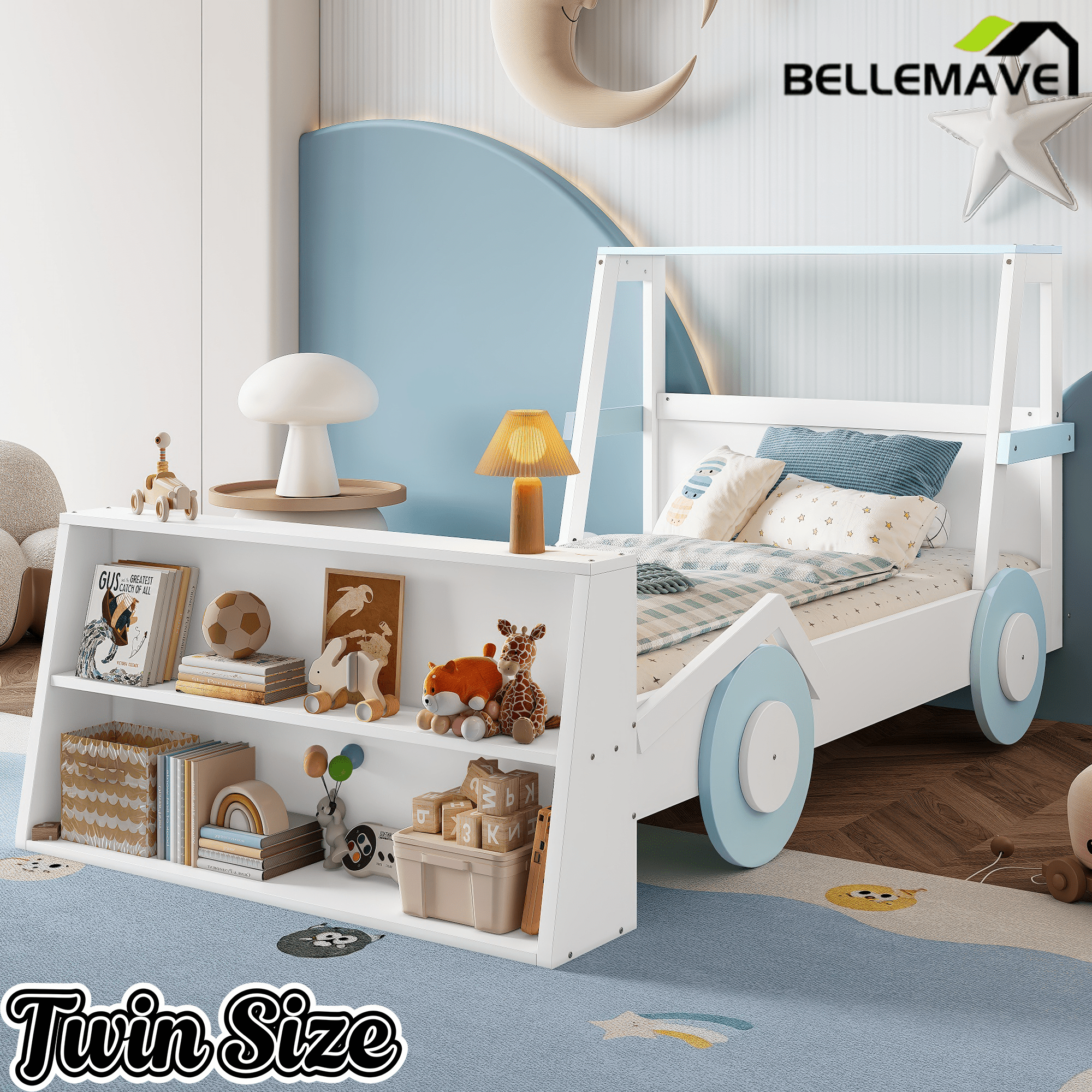 Bellemave® Twin Size Kids Car Bed with Storage Shelves, Twin Platform Bed Frame in Car - Shaped with Storage for Kids Boys Girls (Blue+White) - Bellemave