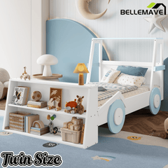 Bellemave® Twin Size Kids Car Bed with Storage Shelves, Twin Platform Bed Frame in Car - Shaped with Storage for Kids Boys Girls (Blue+White) - Bellemave