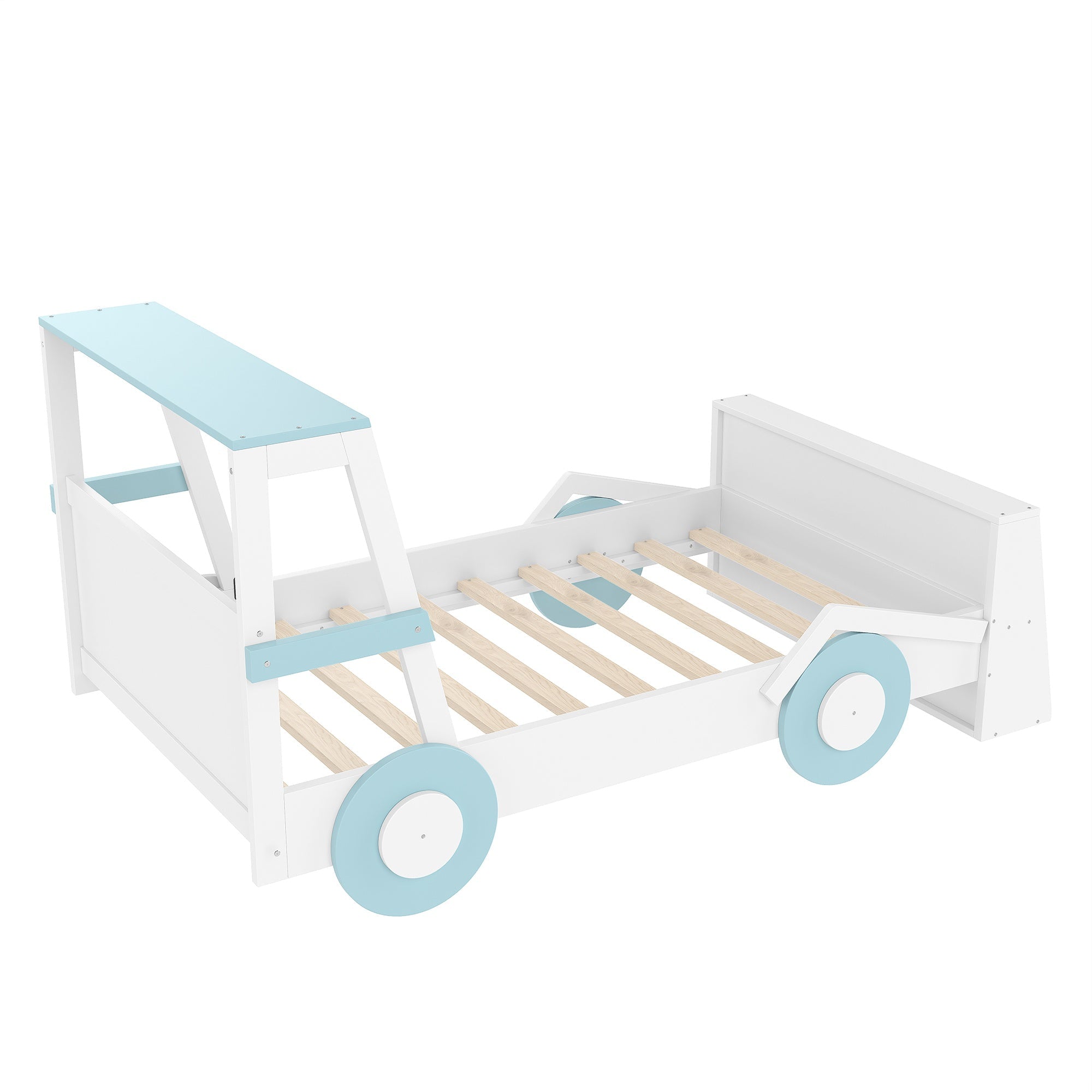 Bellemave® Twin Size Kids Car Bed with Storage Shelves, Twin Platform Bed Frame in Car - Shaped with Storage for Kids Boys Girls (Blue+White) - Bellemave