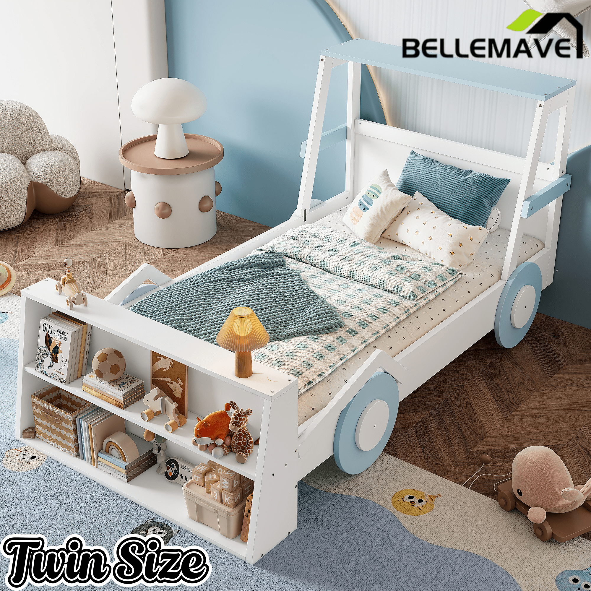 Bellemave® Twin Size Kids Car Bed with Storage Shelves, Twin Platform Bed Frame in Car - Shaped with Storage for Kids Boys Girls (Blue+White) - Bellemave