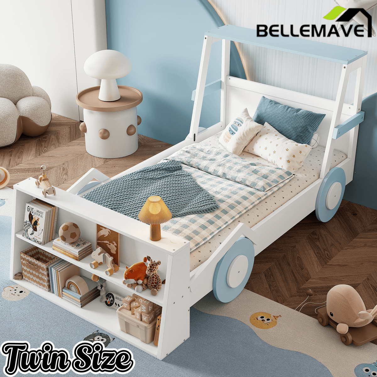 Bellemave® Twin Size Kids Car Bed with Storage Shelves, Twin Platform Bed Frame in Car - Shaped with Storage for Kids Boys Girls (Blue+White) - Bellemave