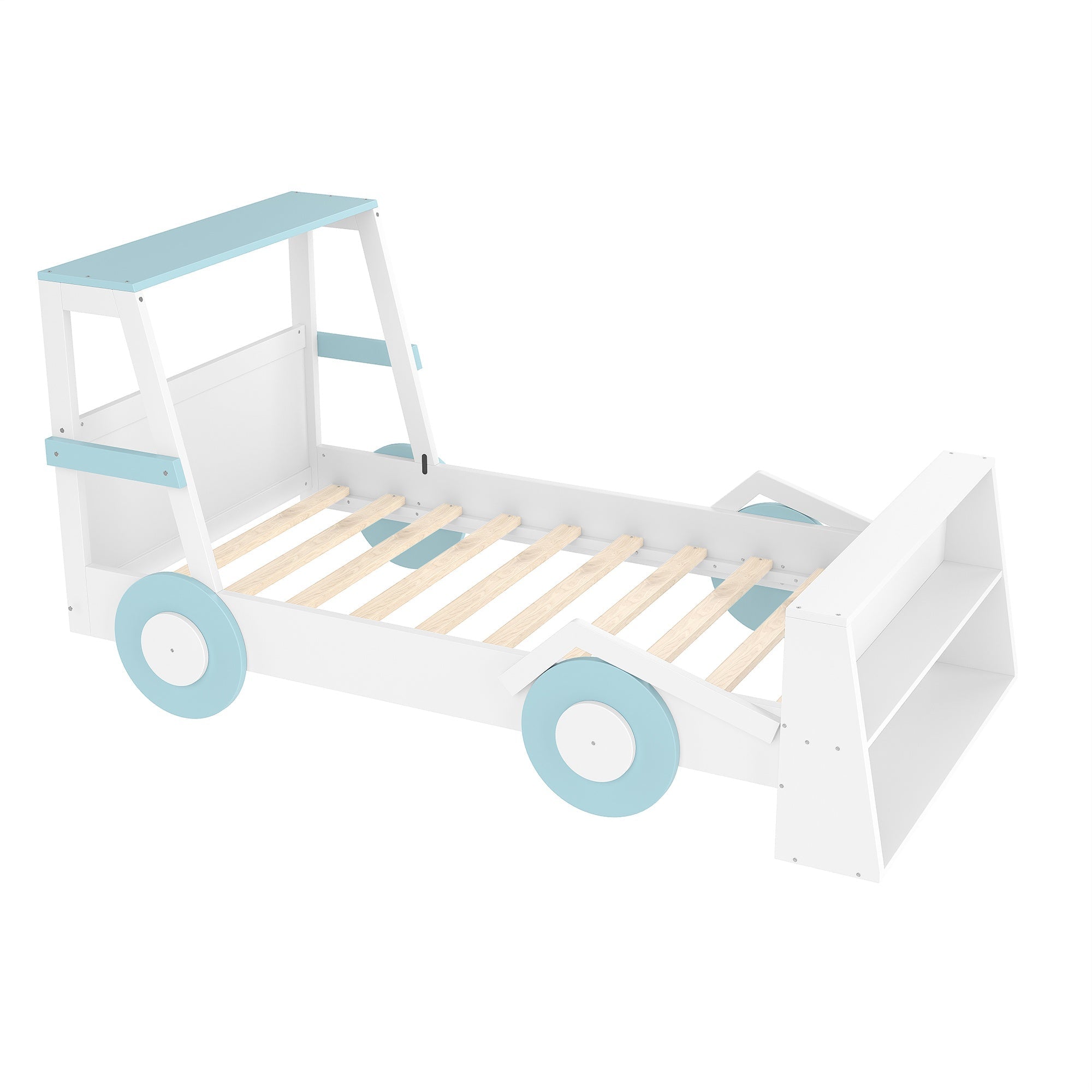 Bellemave® Twin Size Kids Car Bed with Storage Shelves, Twin Platform Bed Frame in Car - Shaped with Storage for Kids Boys Girls (Blue+White) - Bellemave