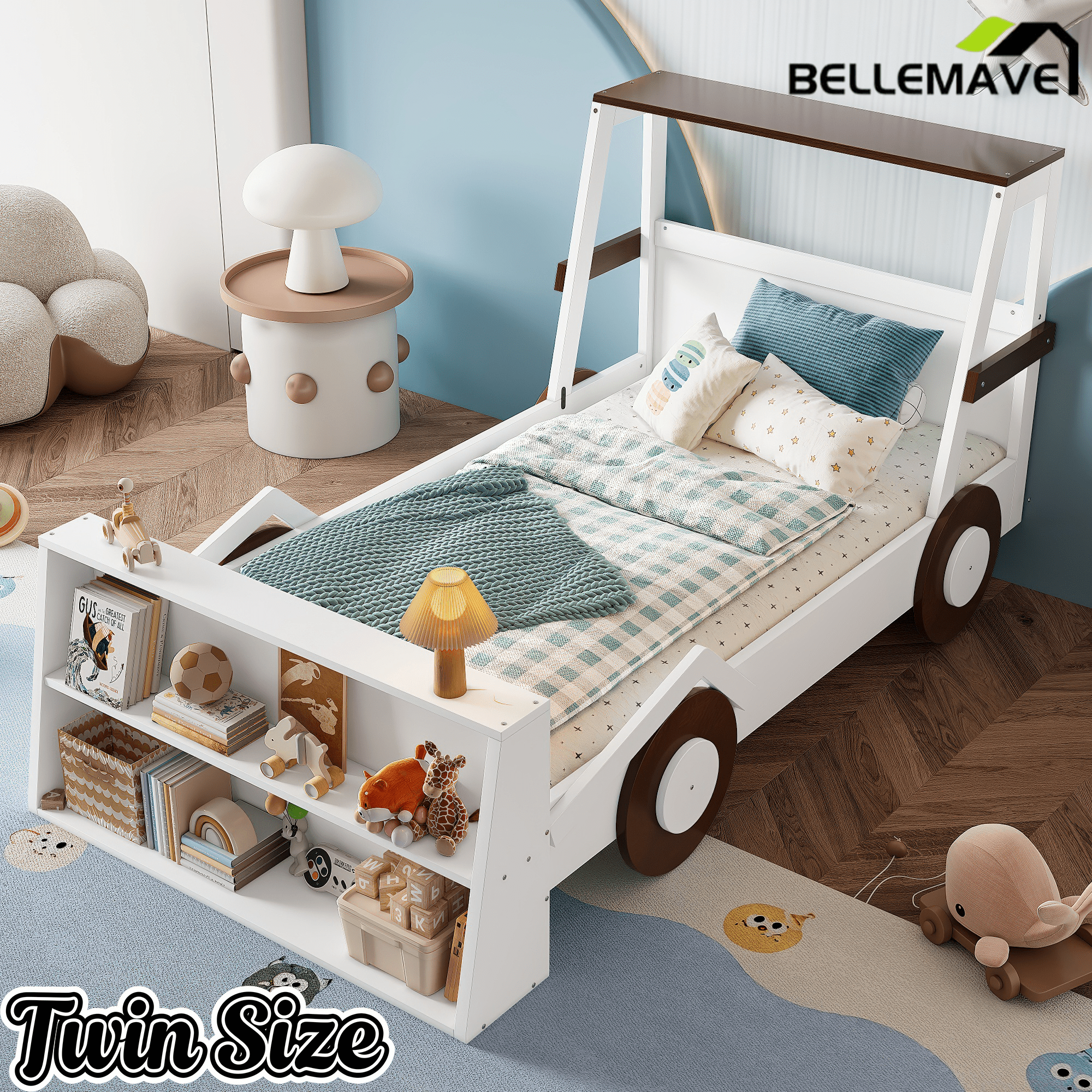 Bellemave® Twin Size Kids Car Bed with Storage Shelves, Twin Platform Bed Frame in Car - Shaped with Storage for Kids Boys Girls (Blue+White) - Bellemave