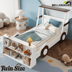 Bellemave® Twin Size Kids Car Bed with Storage Shelves, Twin Platform Bed Frame in Car - Shaped with Storage for Kids Boys Girls (Blue+White) - Bellemave