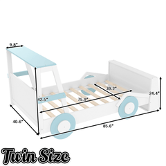 Bellemave® Twin Size Kids Car Bed with Storage Shelves, Twin Platform Bed Frame in Car - Shaped with Storage for Kids Boys Girls (Blue+White) - Bellemave