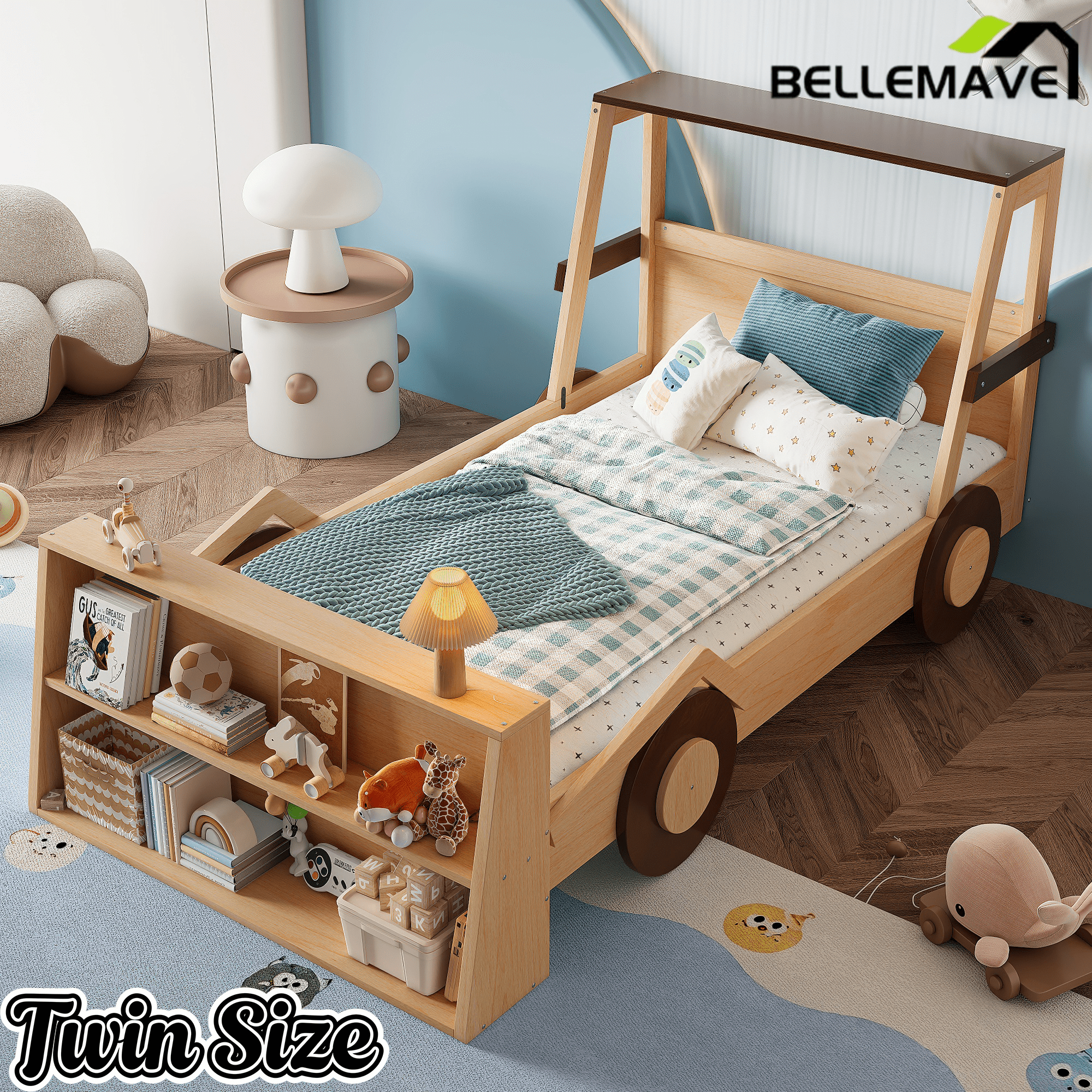 Bellemave® Twin Size Kids Car Bed with Storage Shelves, Twin Platform Bed Frame in Car - Shaped with Storage for Kids Boys Girls (Blue+White) - Bellemave