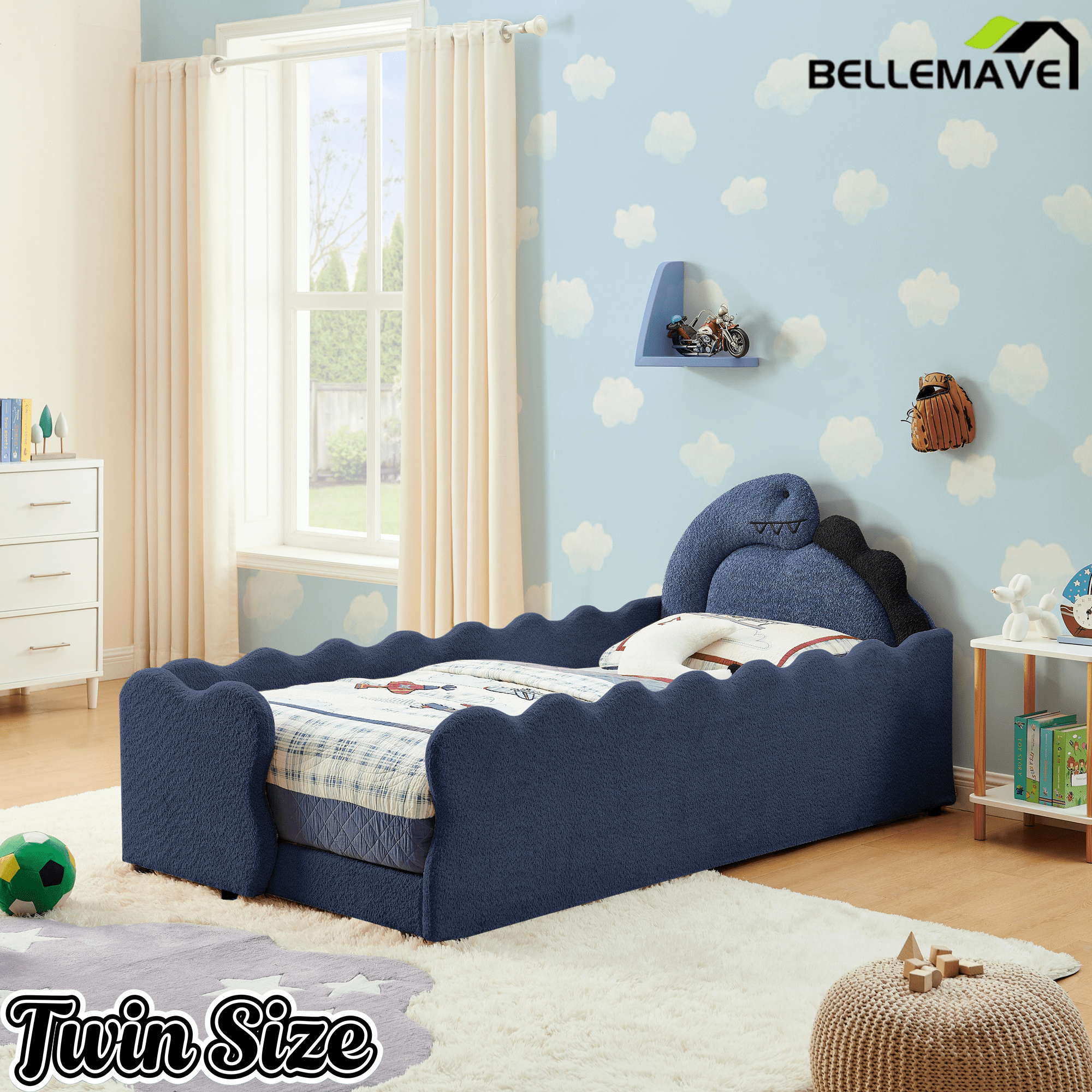 Bellemave® Twin Size Kids Daybed with Dinosaur - Shaped Headboard, Upholstered Boucle Fabric Bed with Safety Guardrail for Girls and Boys - Bellemave