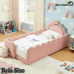 Bellemave® Twin Size Kids Daybed with Dinosaur - Shaped Headboard, Upholstered Boucle Fabric Bed with Safety Guardrail for Girls and Boys - Bellemave
