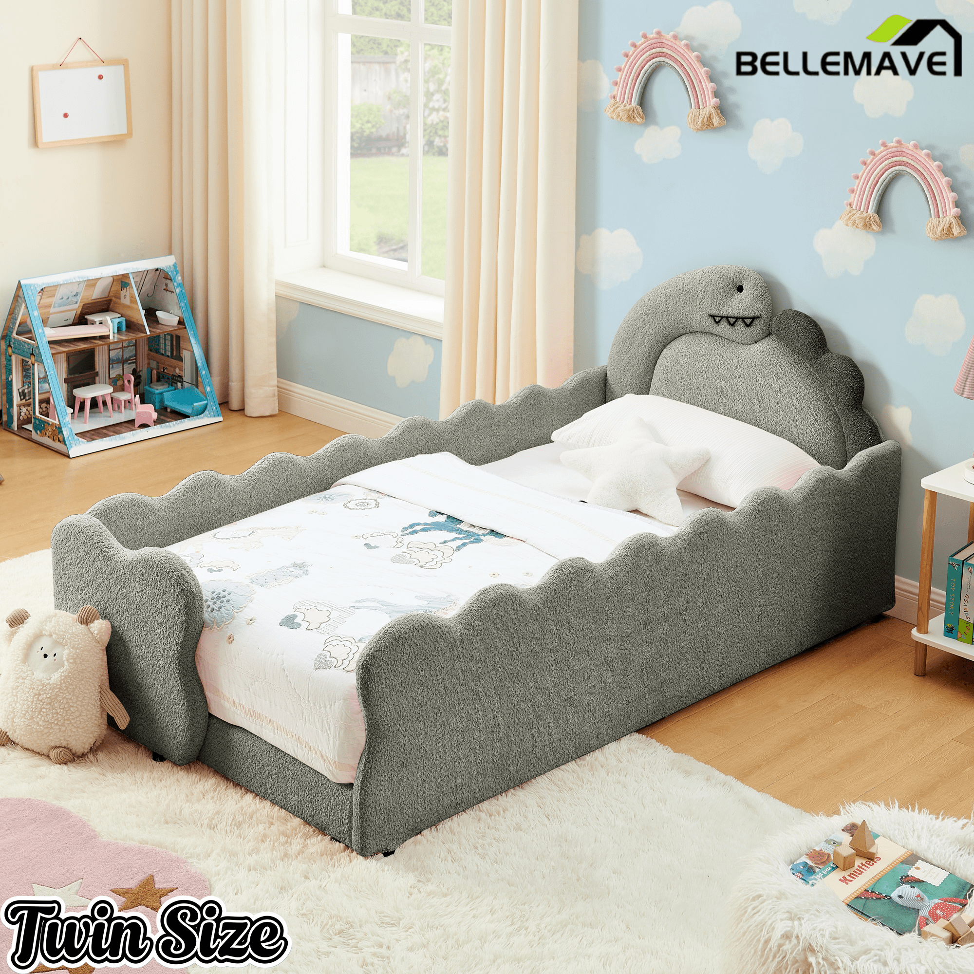 Bellemave® Twin Size Kids Daybed with Dinosaur - Shaped Headboard, Upholstered Boucle Fabric Bed with Safety Guardrail for Girls and Boys - Bellemave