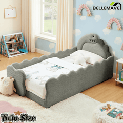 Bellemave® Twin Size Kids Daybed with Dinosaur - Shaped Headboard, Upholstered Boucle Fabric Bed with Safety Guardrail for Girls and Boys - Bellemave