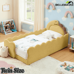 Bellemave® Twin Size Kids Daybed with Dinosaur - Shaped Headboard, Upholstered Boucle Fabric Bed with Safety Guardrail for Girls and Boys - Bellemave