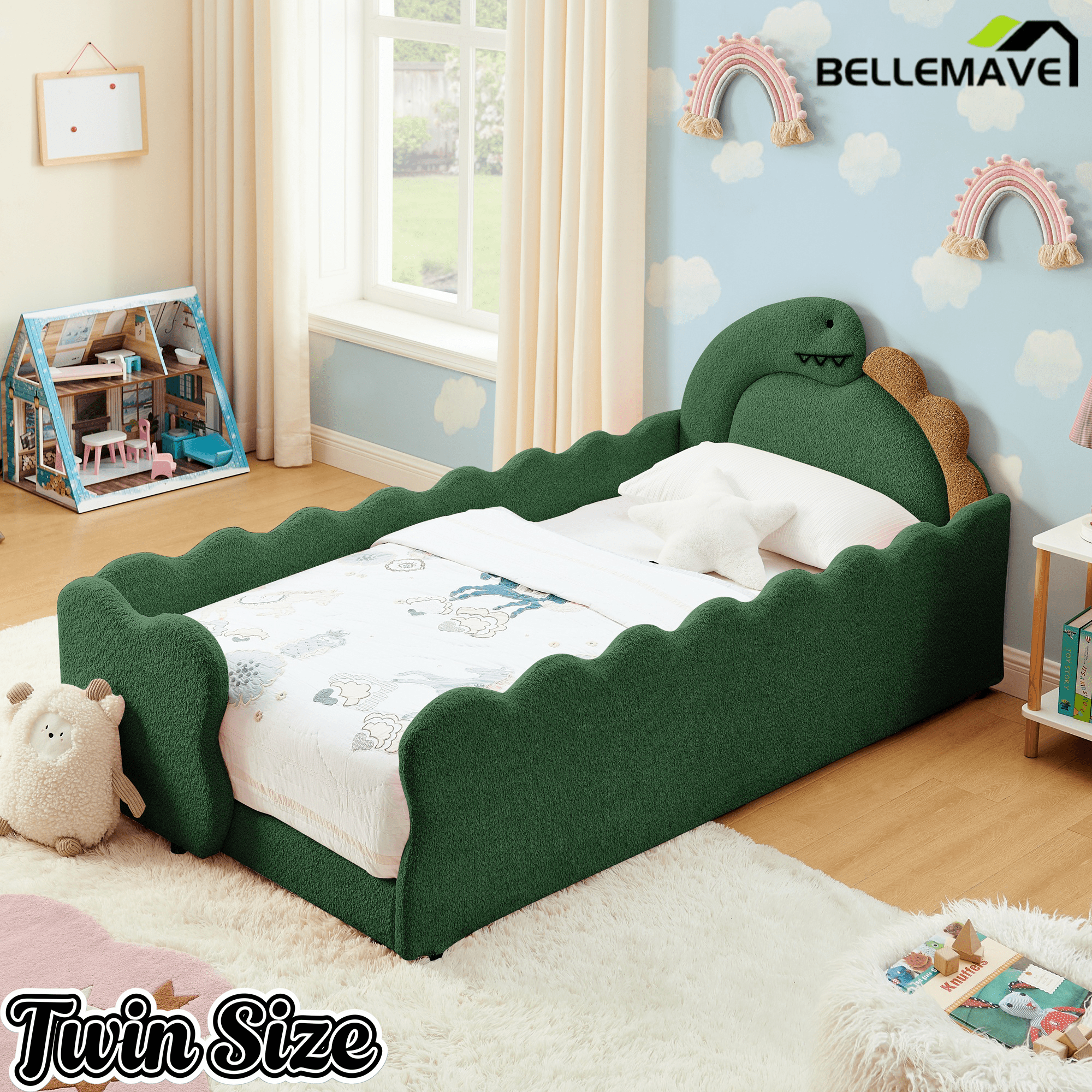 Bellemave® Twin Size Kids Daybed with Dinosaur - Shaped Headboard, Upholstered Boucle Fabric Bed with Safety Guardrail for Girls and Boys - Bellemave