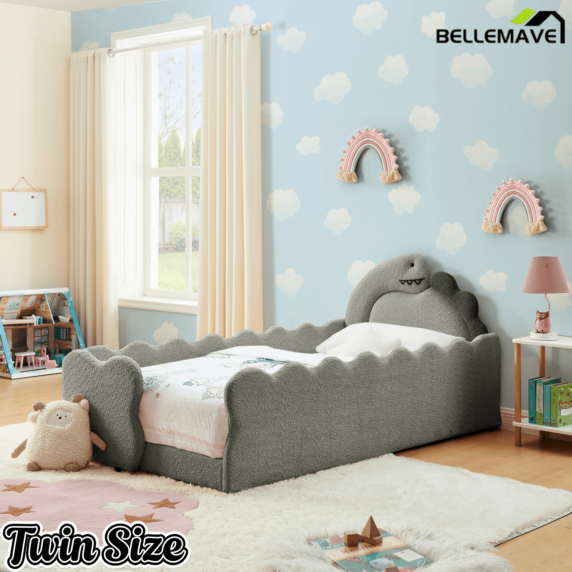 Bellemave® Twin Size Kids Daybed with Dinosaur - Shaped Headboard, Upholstered Boucle Fabric Bed with Safety Guardrail for Girls and Boys - Bellemave