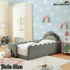 Bellemave® Twin Size Kids Daybed with Dinosaur - Shaped Headboard, Upholstered Boucle Fabric Bed with Safety Guardrail for Girls and Boys - Bellemave
