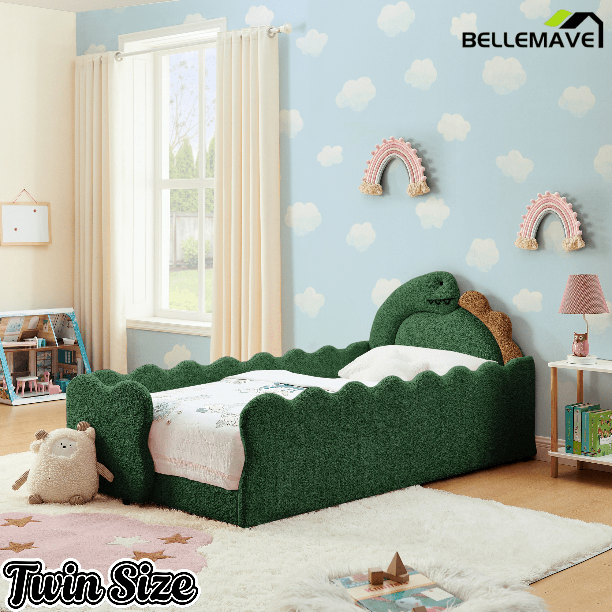 Bellemave® Twin Size Kids Daybed with Dinosaur - Shaped Headboard, Upholstered Boucle Fabric Bed with Safety Guardrail for Girls and Boys - Bellemave