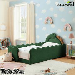 Bellemave® Twin Size Kids Daybed with Dinosaur - Shaped Headboard, Upholstered Boucle Fabric Bed with Safety Guardrail for Girls and Boys - Bellemave