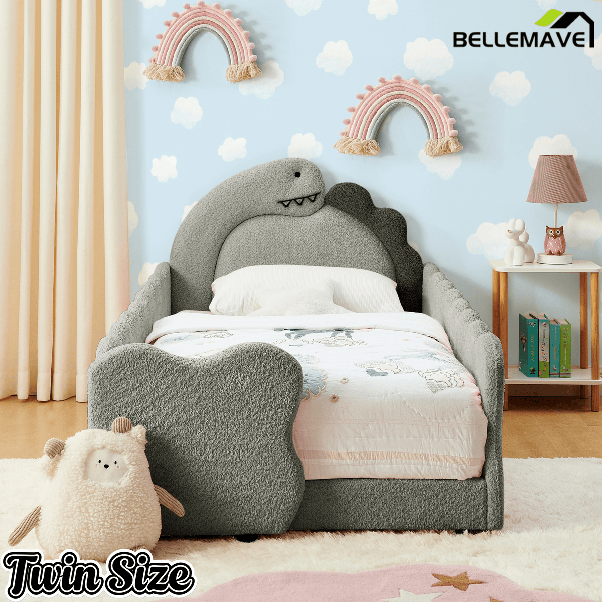 Bellemave® Twin Size Kids Daybed with Dinosaur - Shaped Headboard, Upholstered Boucle Fabric Bed with Safety Guardrail for Girls and Boys - Bellemave