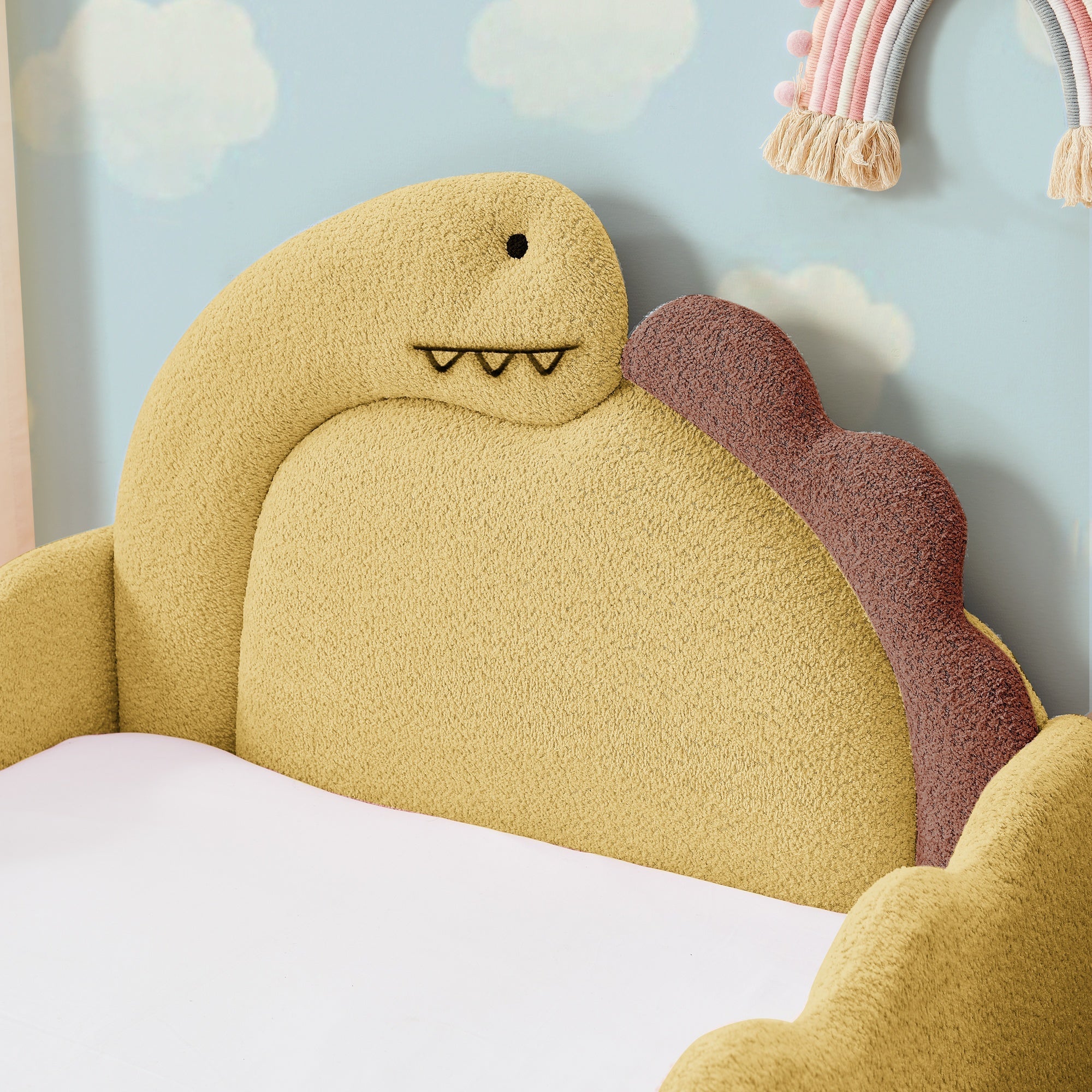 Bellemave® Twin Size Kids Daybed with Dinosaur - Shaped Headboard, Upholstered Boucle Fabric Bed with Safety Guardrail for Girls and Boys - Bellemave