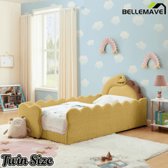 Bellemave® Twin Size Kids Daybed with Dinosaur - Shaped Headboard, Upholstered Boucle Fabric Bed with Safety Guardrail for Girls and Boys - Bellemave