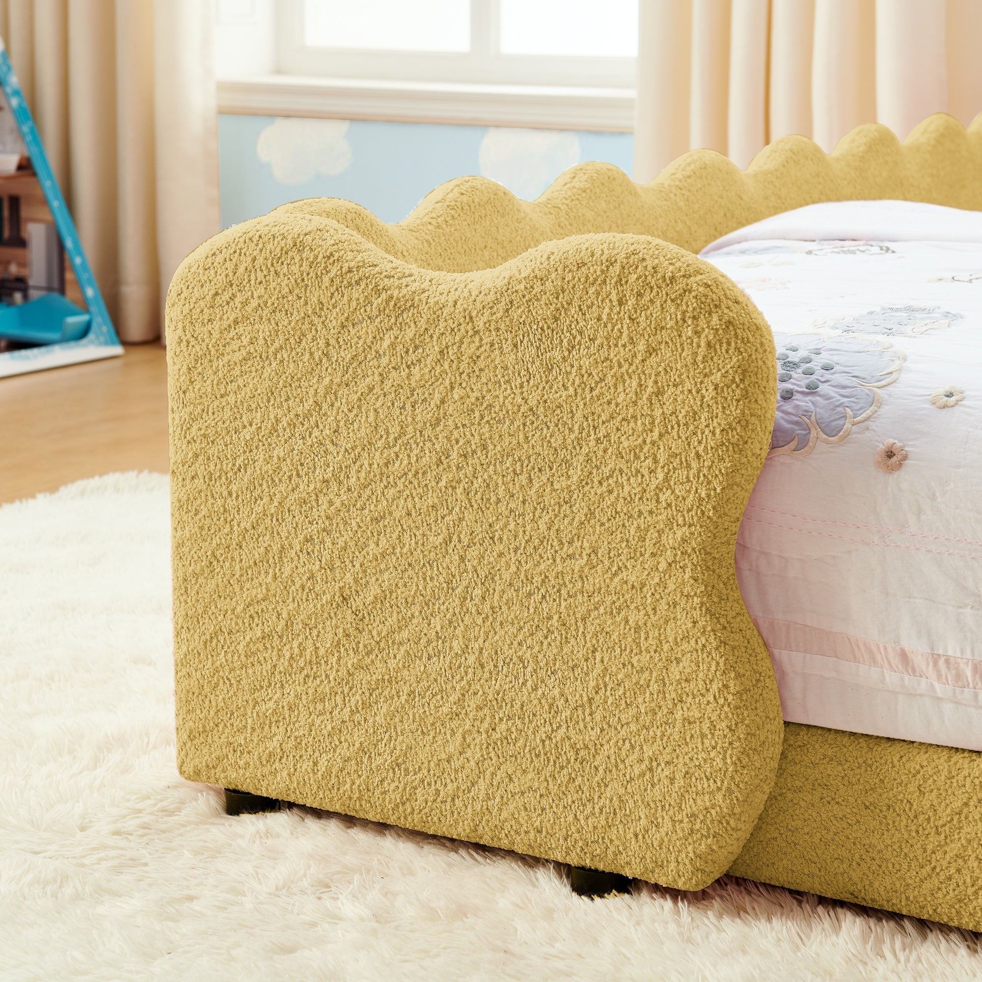 Bellemave® Twin Size Kids Daybed with Dinosaur - Shaped Headboard, Upholstered Boucle Fabric Bed with Safety Guardrail for Girls and Boys - Bellemave