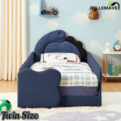 Bellemave® Twin Size Kids Daybed with Dinosaur - Shaped Headboard, Upholstered Boucle Fabric Bed with Safety Guardrail for Girls and Boys - Bellemave