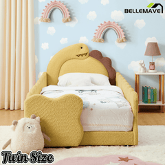 Bellemave® Twin Size Kids Daybed with Dinosaur - Shaped Headboard, Upholstered Boucle Fabric Bed with Safety Guardrail for Girls and Boys - Bellemave