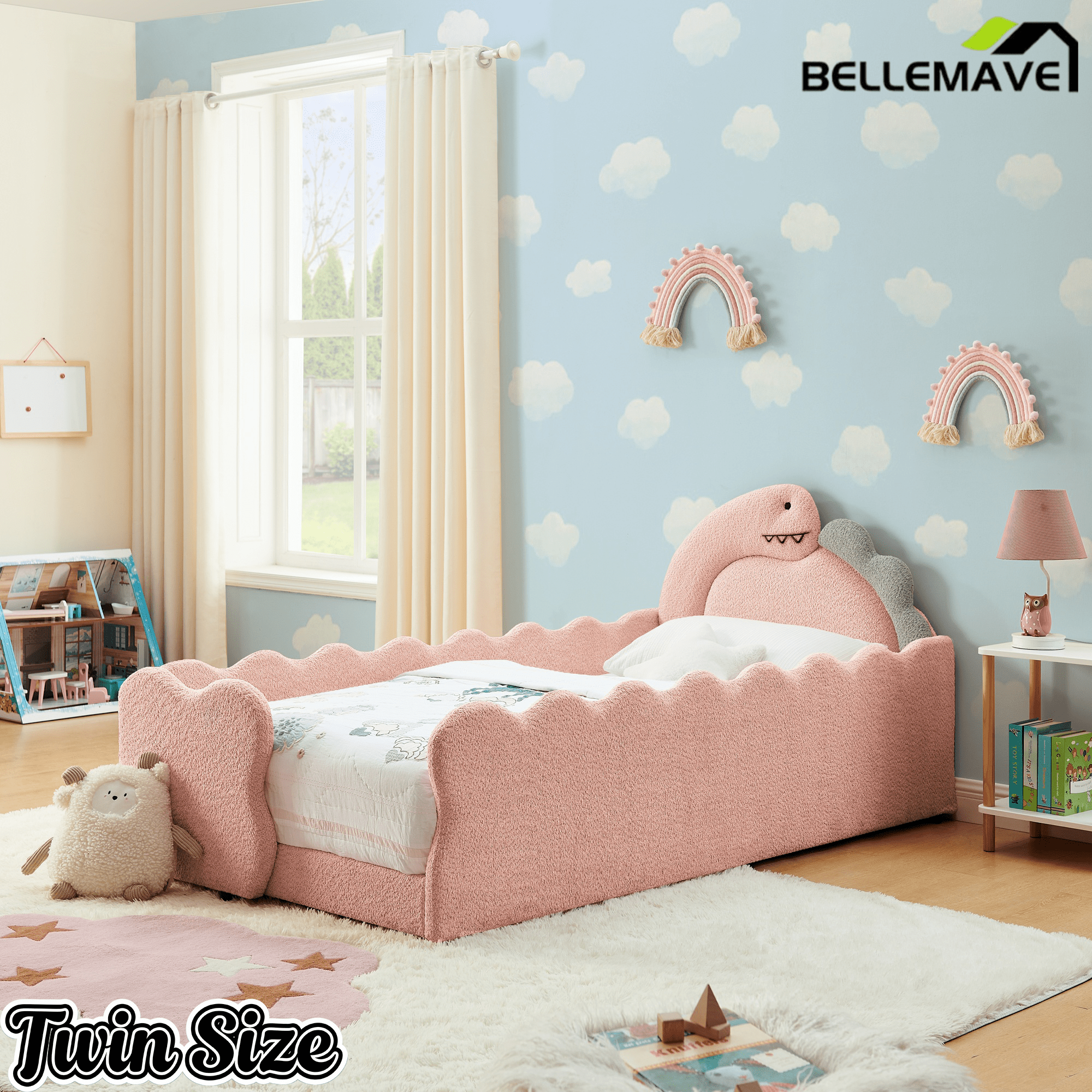 Bellemave® Twin Size Kids Daybed with Dinosaur - Shaped Headboard, Upholstered Boucle Fabric Bed with Safety Guardrail for Girls and Boys - Bellemave