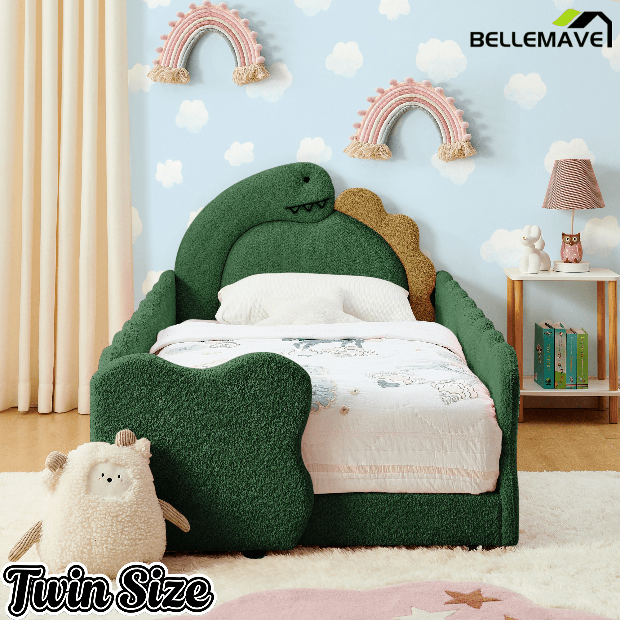 Bellemave® Twin Size Kids Daybed with Dinosaur - Shaped Headboard, Upholstered Boucle Fabric Bed with Safety Guardrail for Girls and Boys - Bellemave