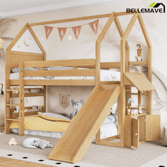 Bellemave® Twin Size Kids Loft Bed with Slide and Bookshelf,Solid Wood House Loft Bed Frame with Convertible Ladder for Kids,Playhouse,Natural - Bellemave