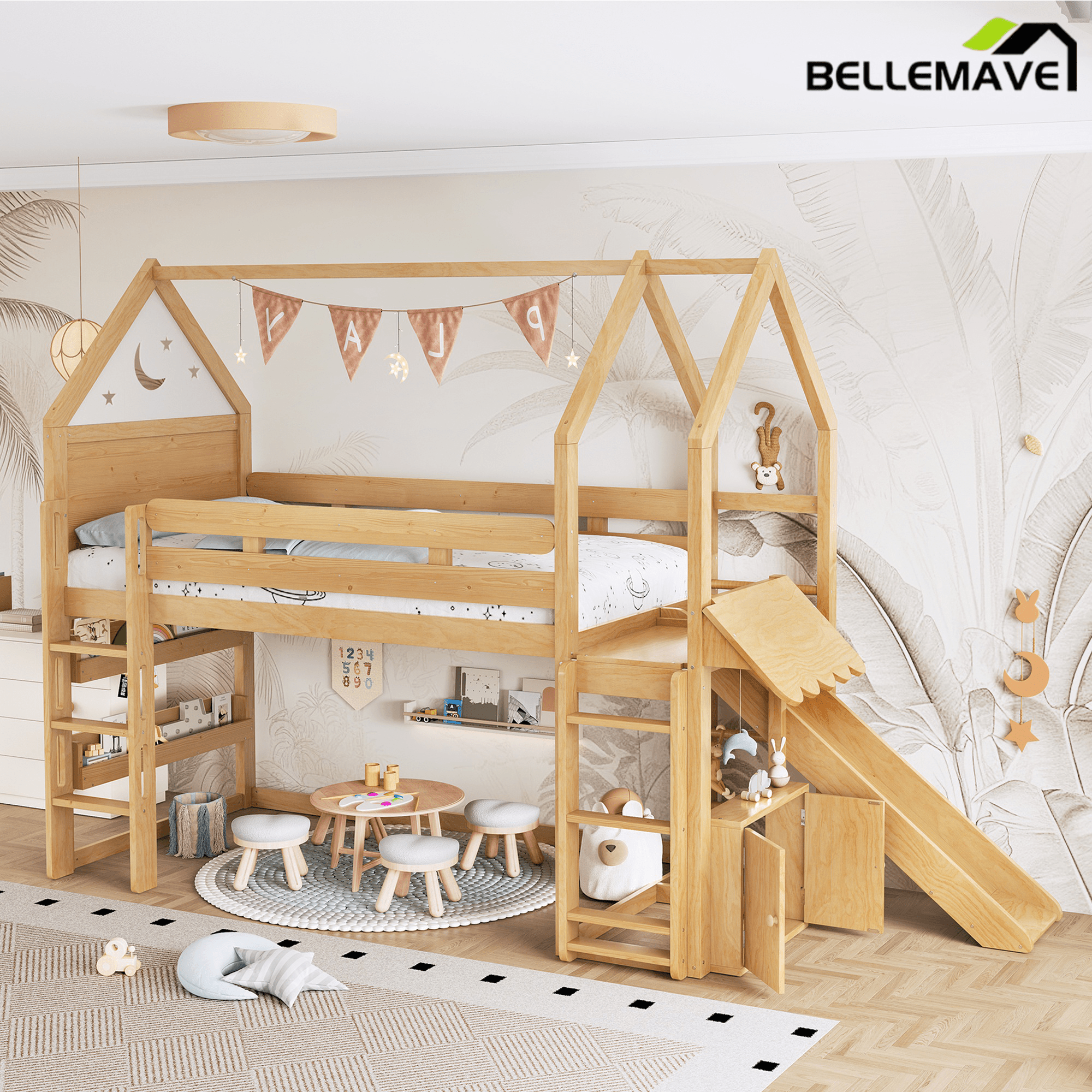 Bellemave® Twin Size Kids Loft Bed with Slide and Bookshelf,Solid Wood House Loft Bed Frame with Convertible Ladder for Kids,Playhouse,Natural - Bellemave