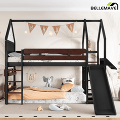 Bellemave® Twin Size Kids Loft Bed with Slide and Bookshelf,Solid Wood House Loft Bed Frame with Convertible Ladder for Kids,Playhouse,Natural - Bellemave