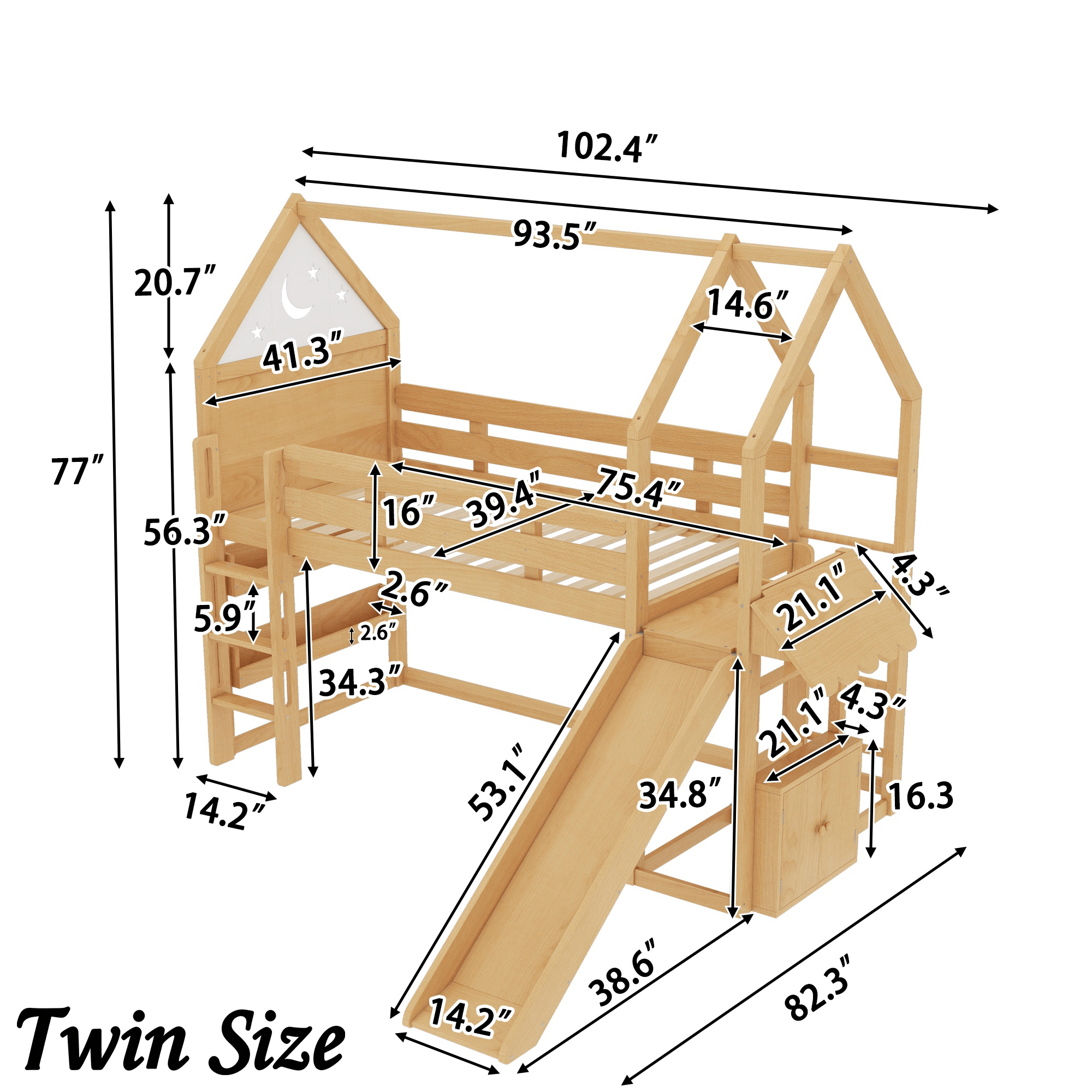 Bellemave® Twin Size Kids Loft Bed with Slide and Bookshelf,Solid Wood House Loft Bed Frame with Convertible Ladder for Kids,Playhouse,Natural - Bellemave