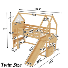 Bellemave® Twin Size Kids Loft Bed with Slide and Bookshelf,Solid Wood House Loft Bed Frame with Convertible Ladder for Kids,Playhouse,Natural - Bellemave