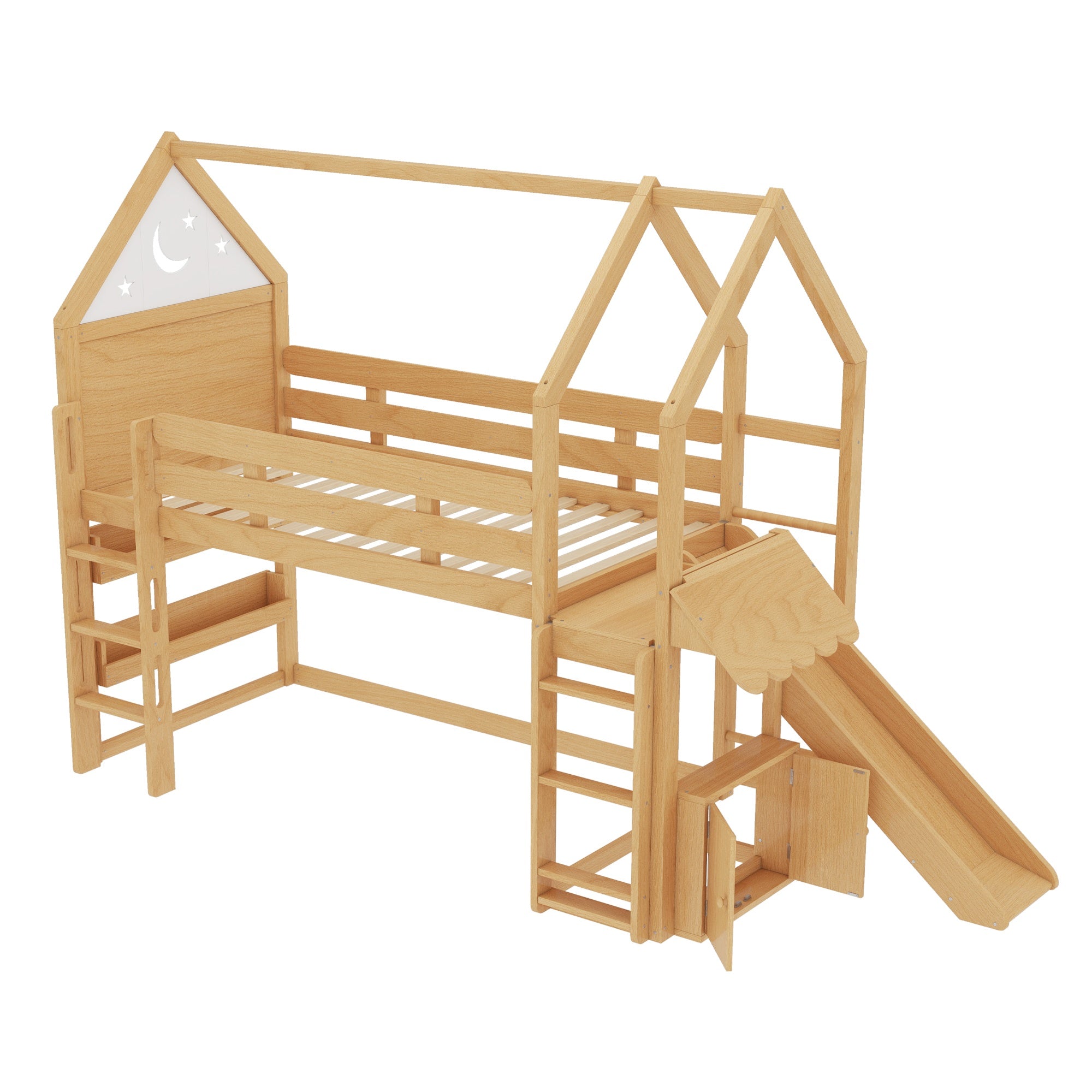 Bellemave® Twin Size Kids Loft Bed with Slide and Bookshelf,Solid Wood House Loft Bed Frame with Convertible Ladder for Kids,Playhouse,Natural - Bellemave