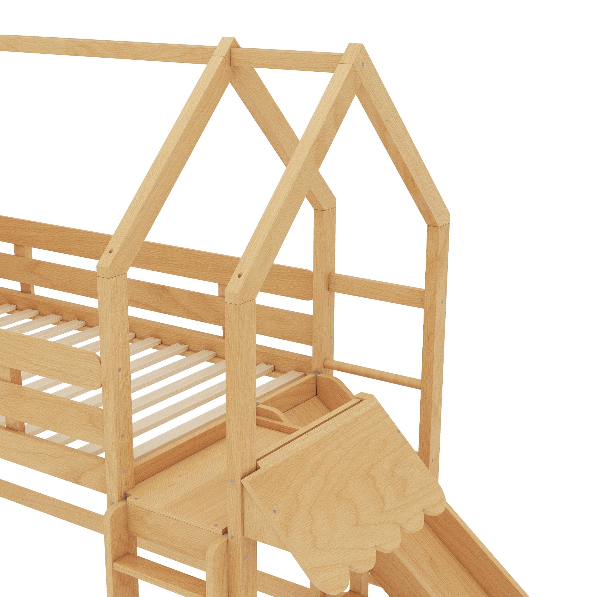 Bellemave® Twin Size Kids Loft Bed with Slide and Bookshelf,Solid Wood House Loft Bed Frame with Convertible Ladder for Kids,Playhouse,Natural - Bellemave