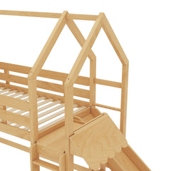 Bellemave® Twin Size Kids Loft Bed with Slide and Bookshelf,Solid Wood House Loft Bed Frame with Convertible Ladder for Kids,Playhouse,Natural - Bellemave