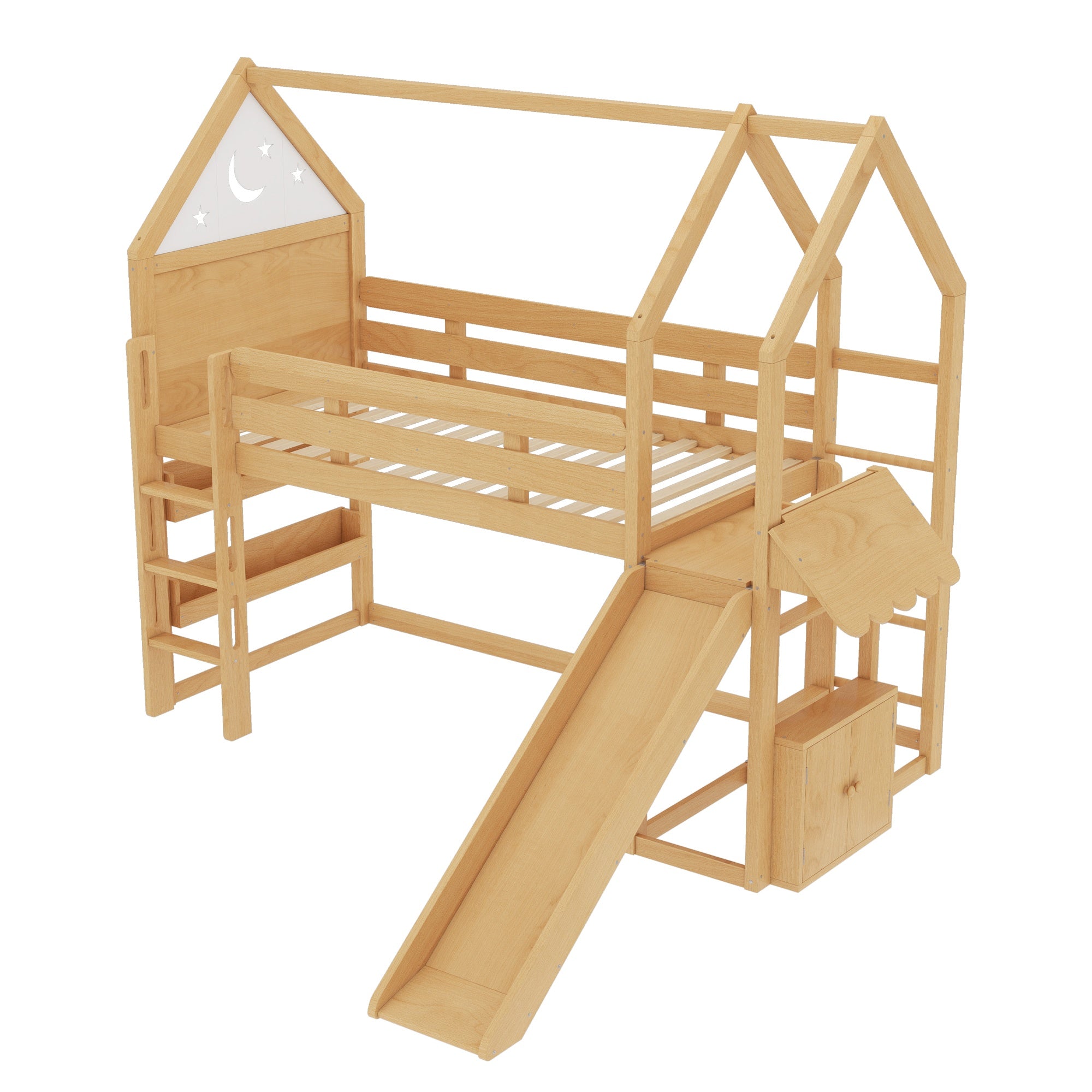 Bellemave® Twin Size Kids Loft Bed with Slide and Bookshelf,Solid Wood House Loft Bed Frame with Convertible Ladder for Kids,Playhouse,Natural - Bellemave