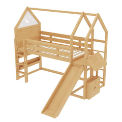 Bellemave® Twin Size Kids Loft Bed with Slide and Bookshelf,Solid Wood House Loft Bed Frame with Convertible Ladder for Kids,Playhouse,Natural - Bellemave