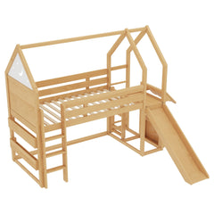 Bellemave® Twin Size Kids Loft Bed with Slide and Bookshelf,Solid Wood House Loft Bed Frame with Convertible Ladder for Kids,Playhouse,Natural - Bellemave