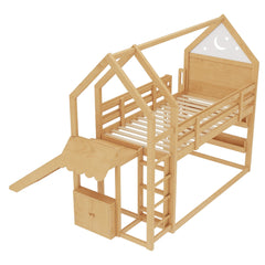 Bellemave® Twin Size Kids Loft Bed with Slide and Bookshelf,Solid Wood House Loft Bed Frame with Convertible Ladder for Kids,Playhouse,Natural - Bellemave