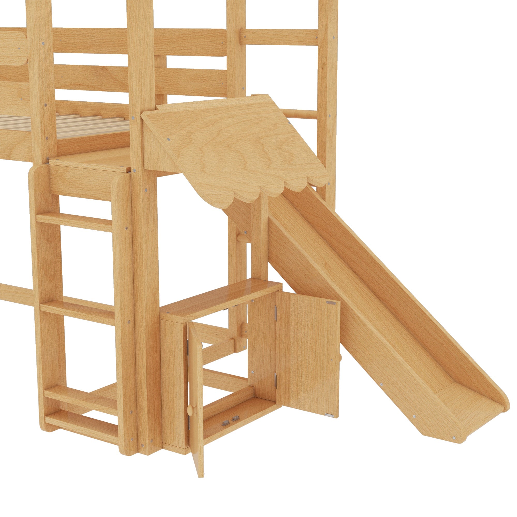 Bellemave® Twin Size Kids Loft Bed with Slide and Bookshelf,Solid Wood House Loft Bed Frame with Convertible Ladder for Kids,Playhouse,Natural - Bellemave