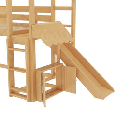 Bellemave® Twin Size Kids Loft Bed with Slide and Bookshelf,Solid Wood House Loft Bed Frame with Convertible Ladder for Kids,Playhouse,Natural - Bellemave