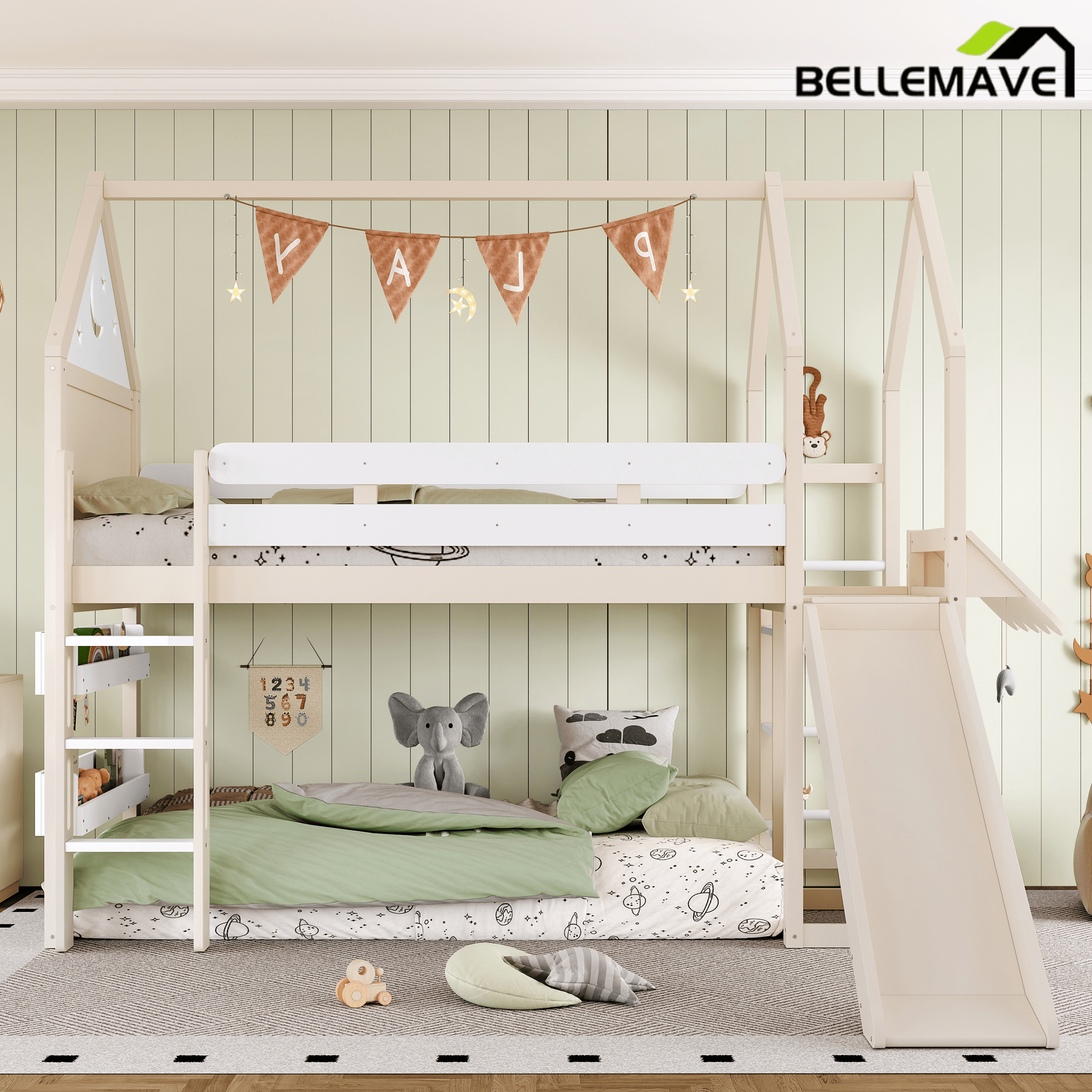 Bellemave® Twin Size Kids Loft Bed with Slide and Bookshelf,Solid Wood House Loft Bed Frame with Convertible Ladder for Kids,Playhouse,Natural - Bellemave