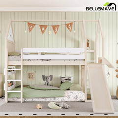 Bellemave® Twin Size Kids Loft Bed with Slide and Bookshelf,Solid Wood House Loft Bed Frame with Convertible Ladder for Kids,Playhouse,Natural - Bellemave