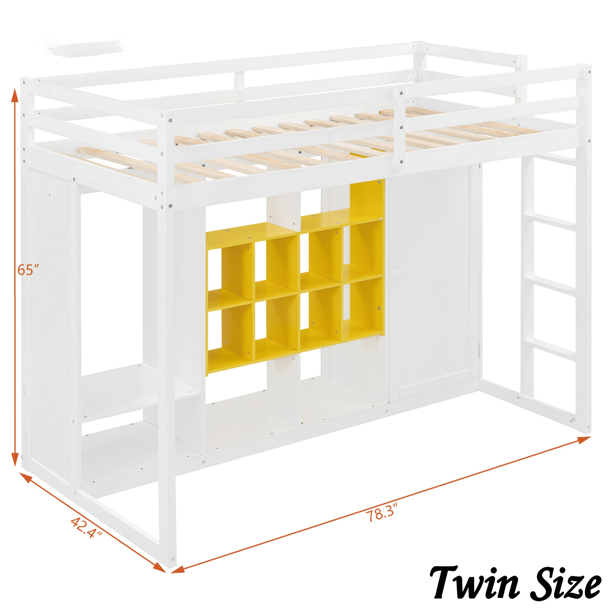 Bellemave® Twin Size Kids Loft Bed with Wardrobe and Shelves, Wooden Loft Bed Frame with Storage Cabinet for Kids Teens (White+Yellow) - Bellemave