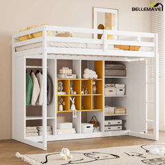 Bellemave® Twin Size Kids Loft Bed with Wardrobe and Shelves, Wooden Loft Bed Frame with Storage Cabinet for Kids Teens (White+Yellow) - Bellemave