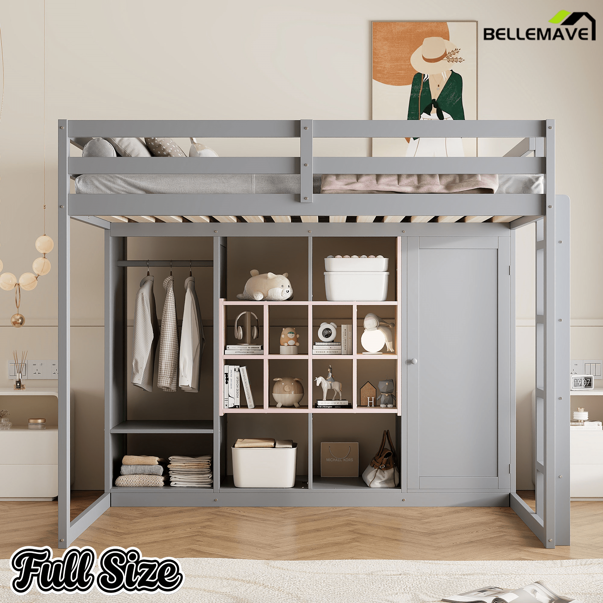 Bellemave® Twin Size Kids Loft Bed with Wardrobe and Shelves, Wooden Loft Bed Frame with Storage Cabinet for Kids Teens (White+Yellow) - Bellemave