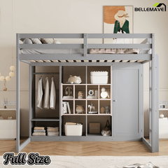 Bellemave® Twin Size Kids Loft Bed with Wardrobe and Shelves, Wooden Loft Bed Frame with Storage Cabinet for Kids Teens (White+Yellow) - Bellemave