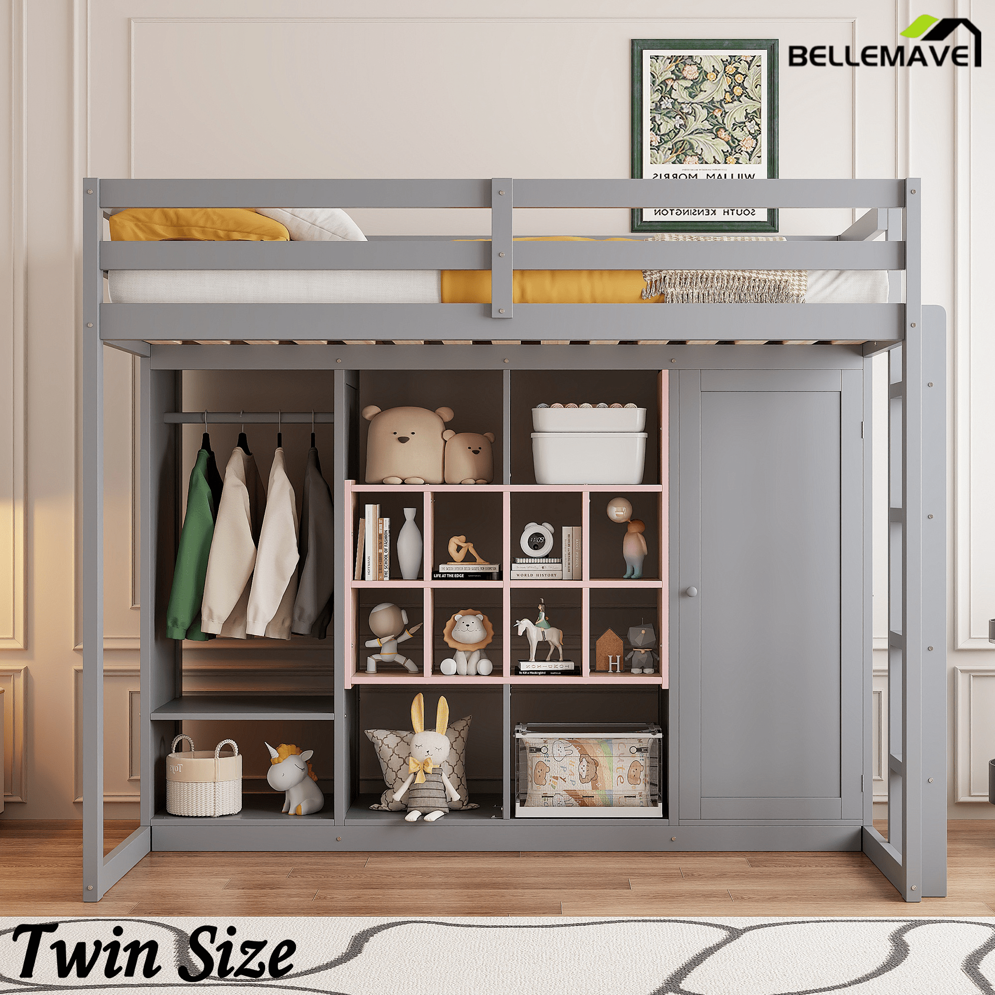 Bellemave® Twin Size Kids Loft Bed with Wardrobe and Shelves, Wooden Loft Bed Frame with Storage Cabinet for Kids Teens (White+Yellow) - Bellemave